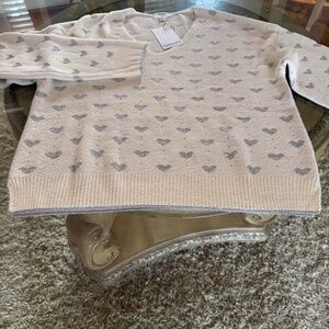 Splendid Hazel Hearts V-Neck Knit Sweater Ivory w/ Metallic Silver Hearts Size L